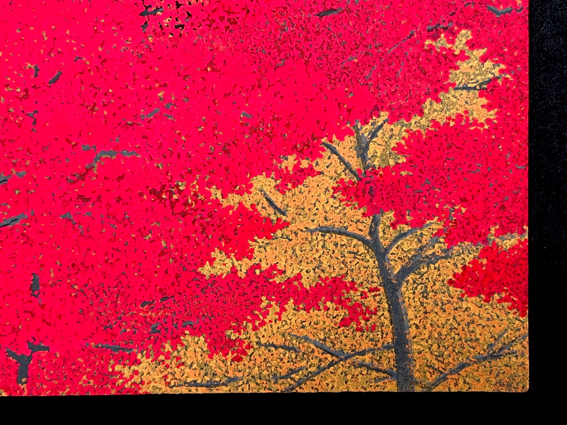 estampe japonaise contemporaine érables rouges à l'automne, feuillage rouge et or