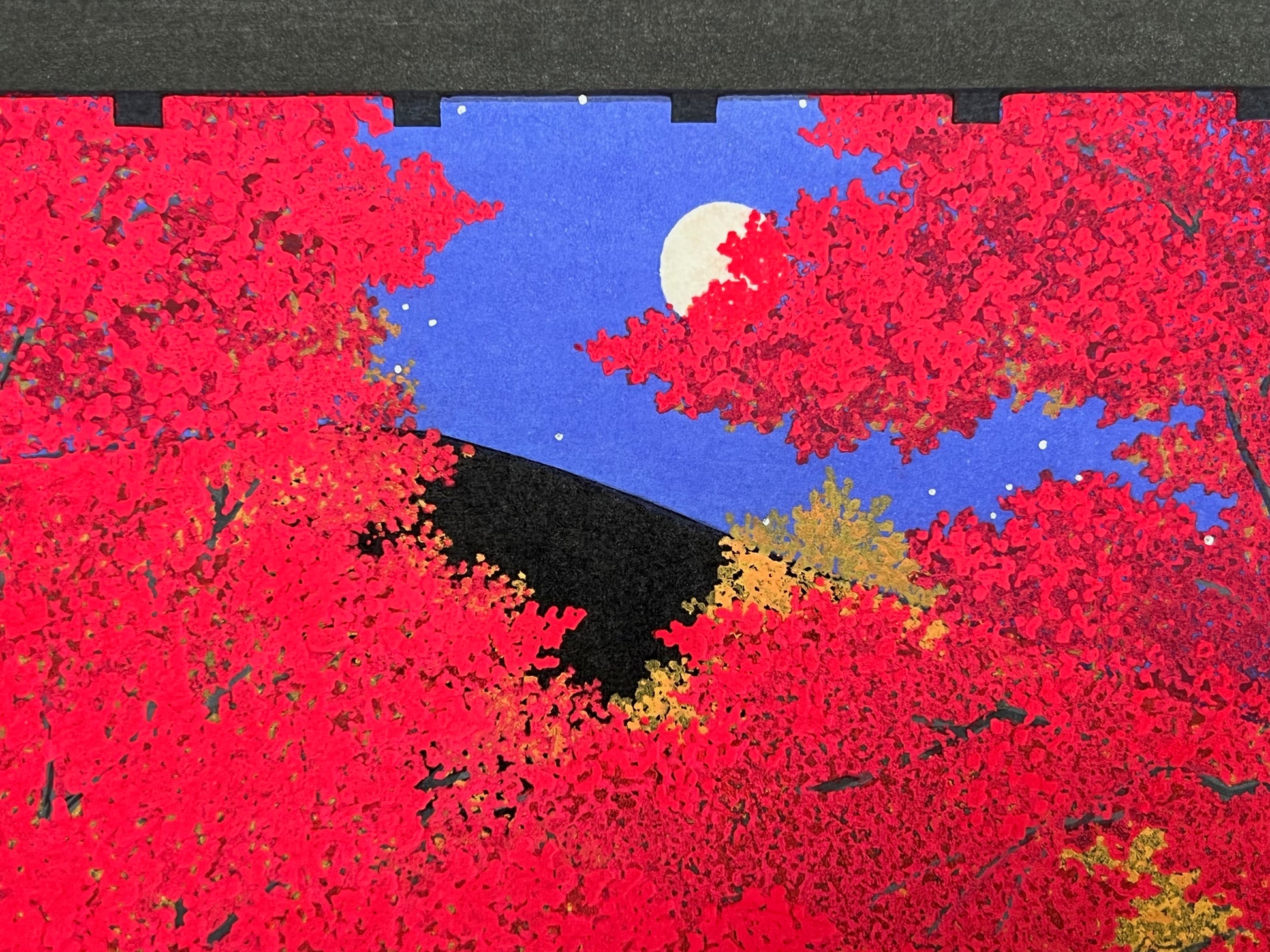 estampe japonaise contemporaine érables rouges à l'automne, nuit de pleine lune