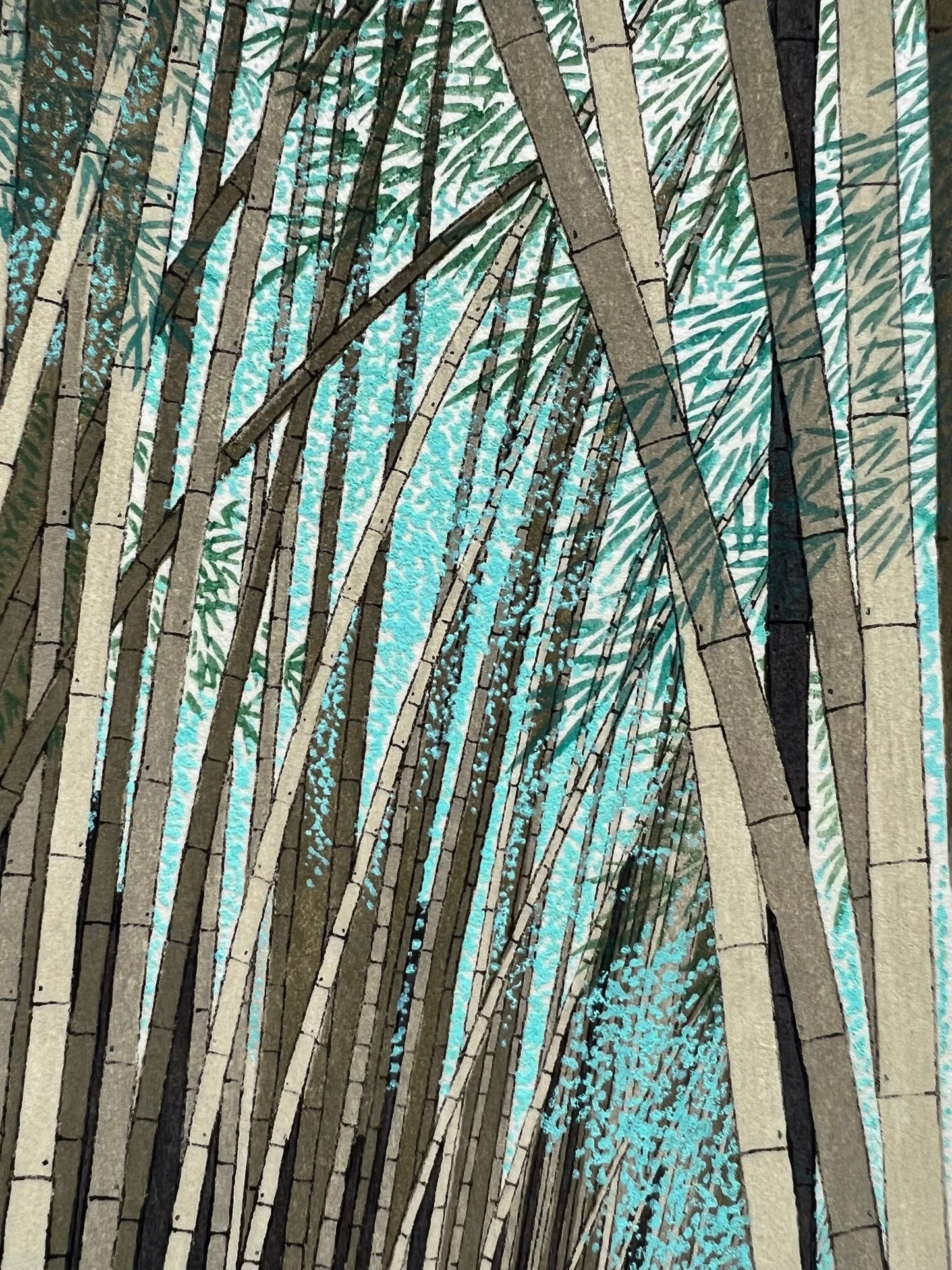 estampe japonaise de teruhide kato un chemin dans la foret de bambous géants a arashiyama, les feuilles de bambous