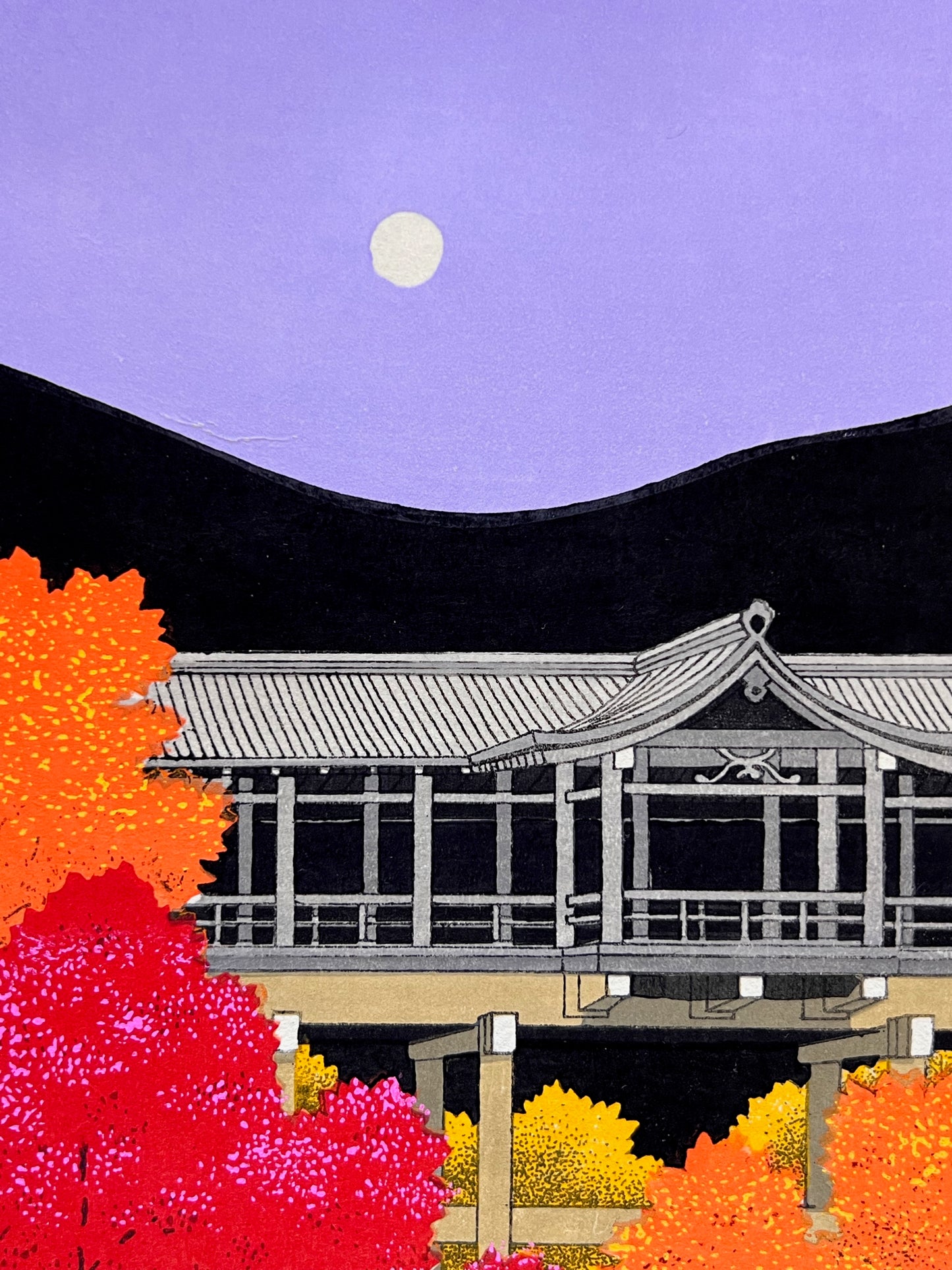 Estampe Japonaise de Teruhide Kato Temple Tofuku à l'automne, la pleine lune dans un ciel violet