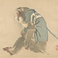 estampe japonaise un singe assis, de profil et vêtu d'une veste bleue tirage d'art chez Uchiwa Gallery