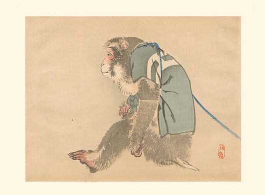 estampe japonaise un singe assis, de profil et vêtu d'une veste bleue tirage d'art chez Uchiwa Gallery