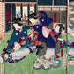 estampe japonaise en triptyque de femmes musiciennes et danseuses, une femme dansant avec un éventail