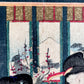 estampe japonaise en triptyque de femmes musiciennes et danseuses, le mont Fuji au loin