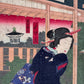 estampe japonaise en triptyque de femmes musiciennes et danseuses, gros plan du visage
