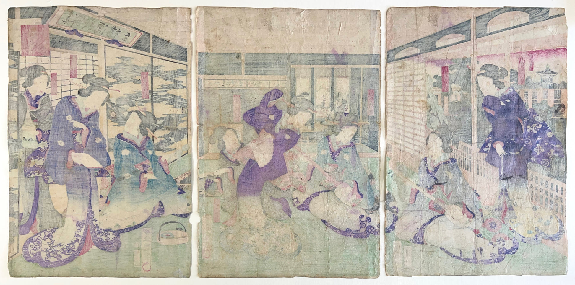 estampe japonaise en triptyque de femmes musiciennes et danseuses, dos de l'estampe