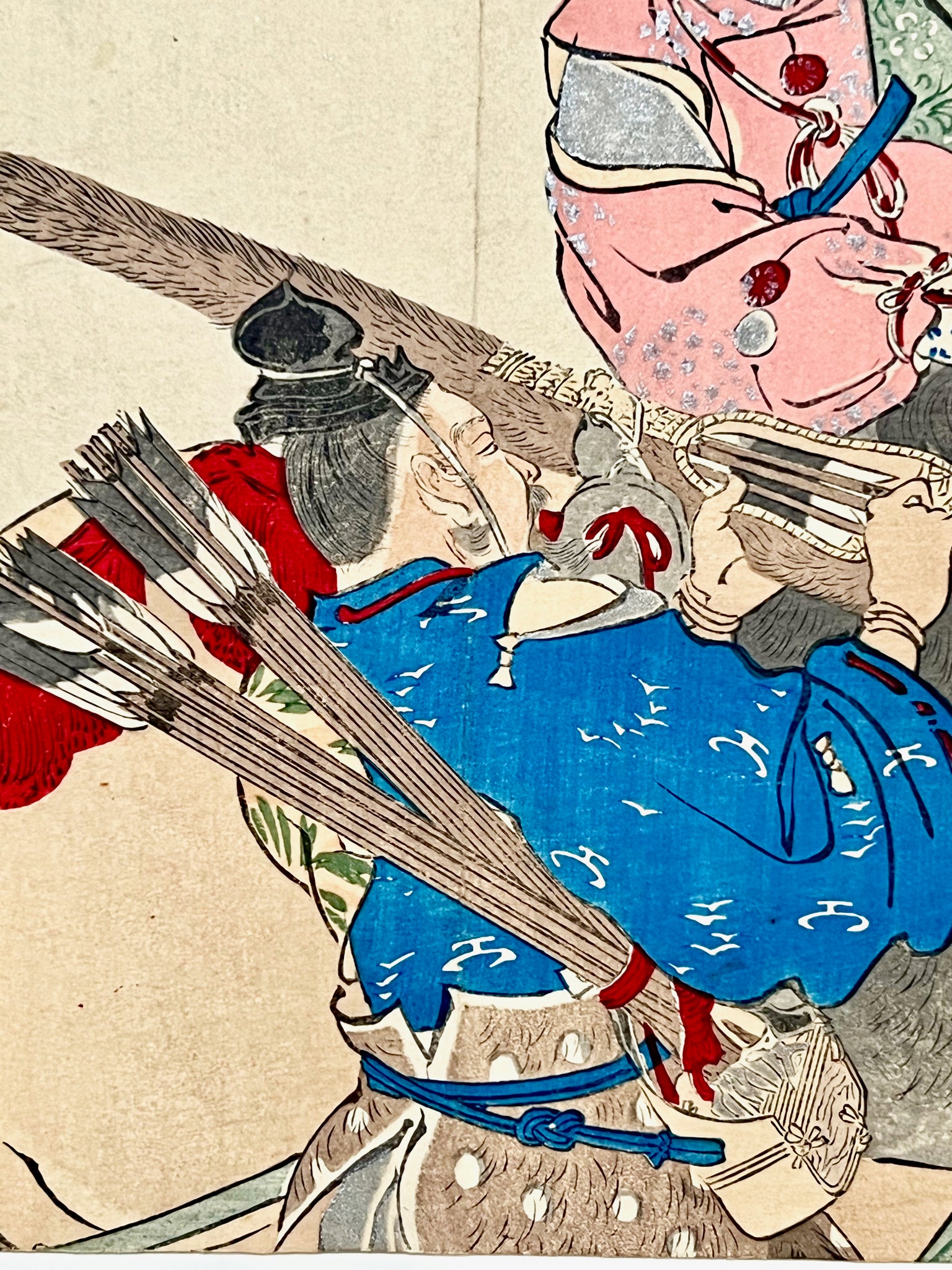 estampe japonaise shogun sur un cheval avec arc et flèche, le serviteur préparant le carcan de flêches