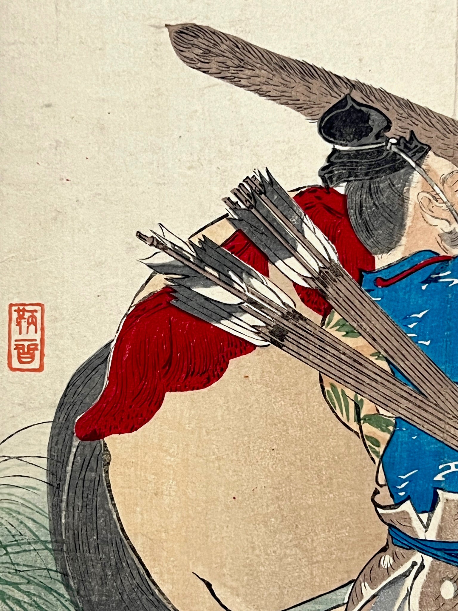 estampe japonaise shogun sur un cheval avec arc et flèche, signature de l'artiste