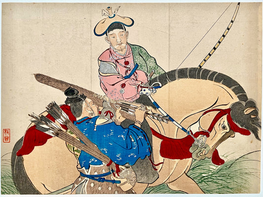 estampe japonaise shogun sur un cheval avec arc et flèche