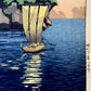 Estampe Japonaise de Koitsu Tsuchiya Sanctuaire Godaido, Matsushima le bateau et le reflet du soleil sur l'eau