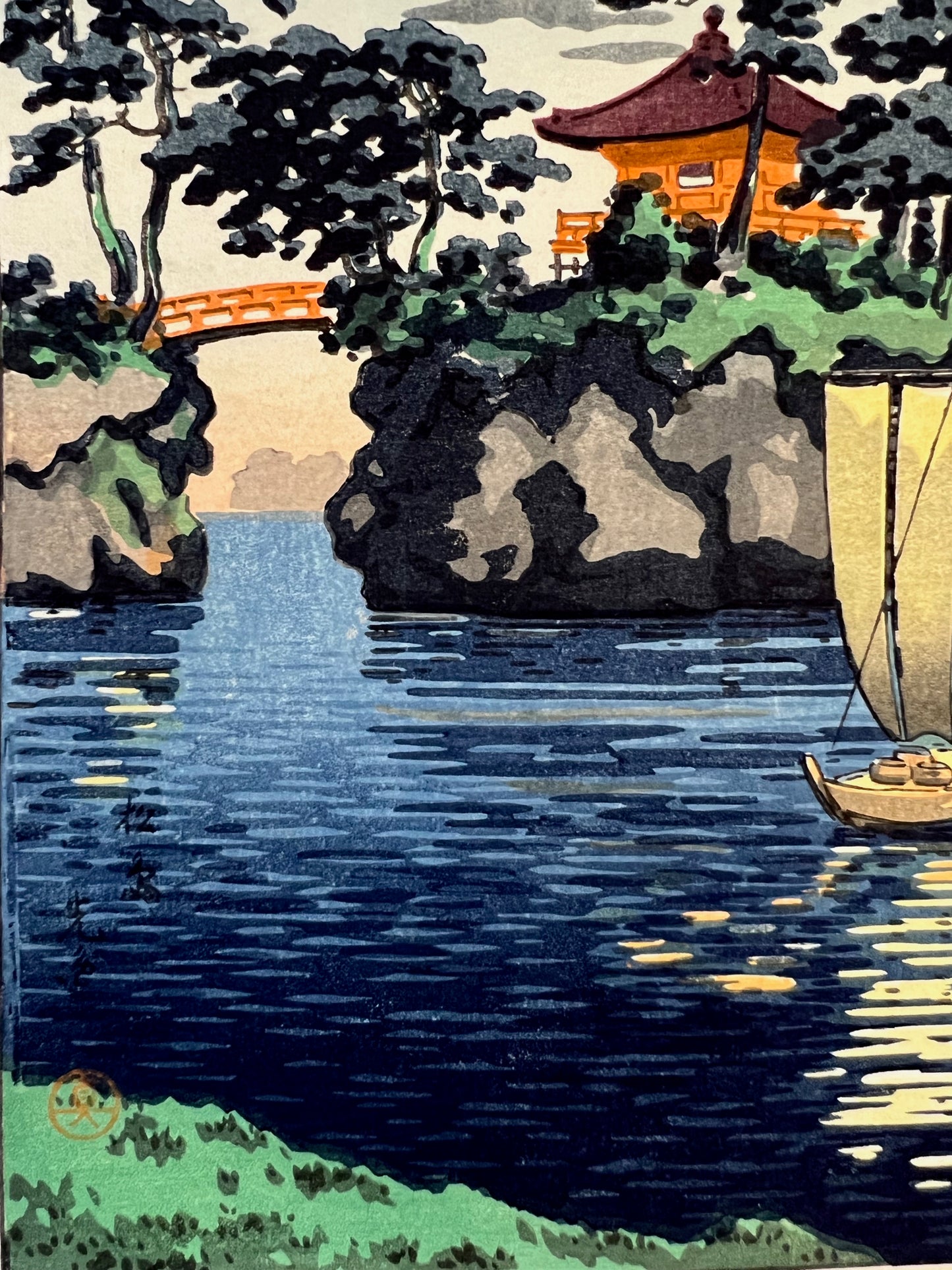 Estampe Japonaise de Koitsu Tsuchiya Sanctuaire Godaido, Matsushima signature de l'artiste