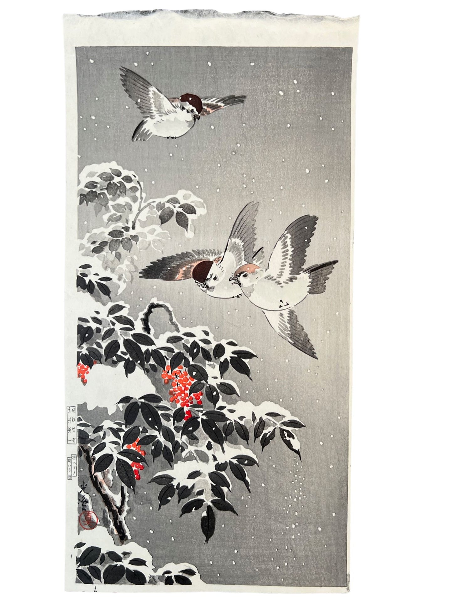 estampe japonaise de Koitsu 3 Moineaux volant au dessus d'une branche avec grappe de fruits rouges recouverte de neige, la neige tombe