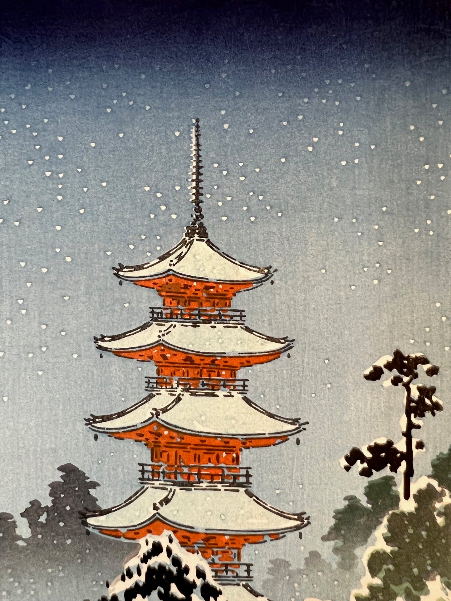 Estampe Japonaise  Koitsu Tsuchiya paysage nuit neige Pagode de Nikko toit