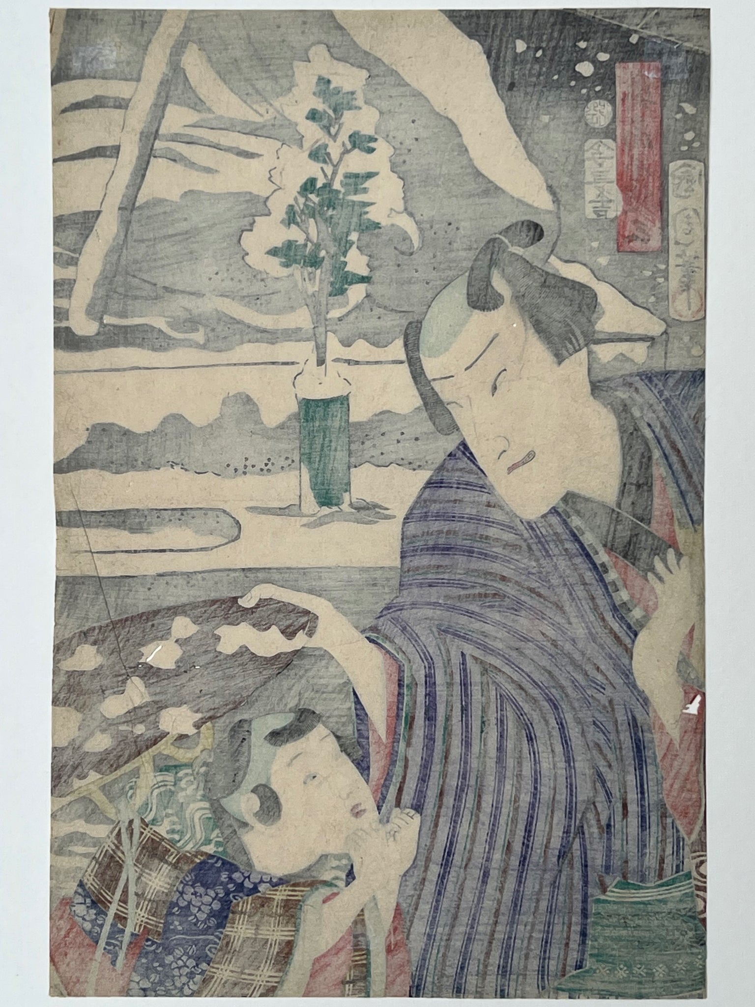 estampe japonaise kunichika kabuki paysage de neige acteurs Ositzu et Reizaburo, dos de l'estampe