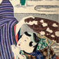 estampe japonaise kunichika kabuki paysage de neige acteurs Ositzu et Reizaburo, détail de l'enfant sufflent dans ses mains pour se réchauffer
