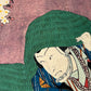 estampe japonaise deux acteurs de kabuki avec chapeaux vert, gros plan sur le visage d'un acteur