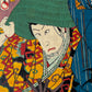 estampe japonaise deux acteurs de kabuki avec chapeaux vert, gros plan sur le visage de l'autre acteur