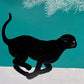 estampe japonaise chat noir courant, fond vert céladon, de Nishida Tadashige, détail
