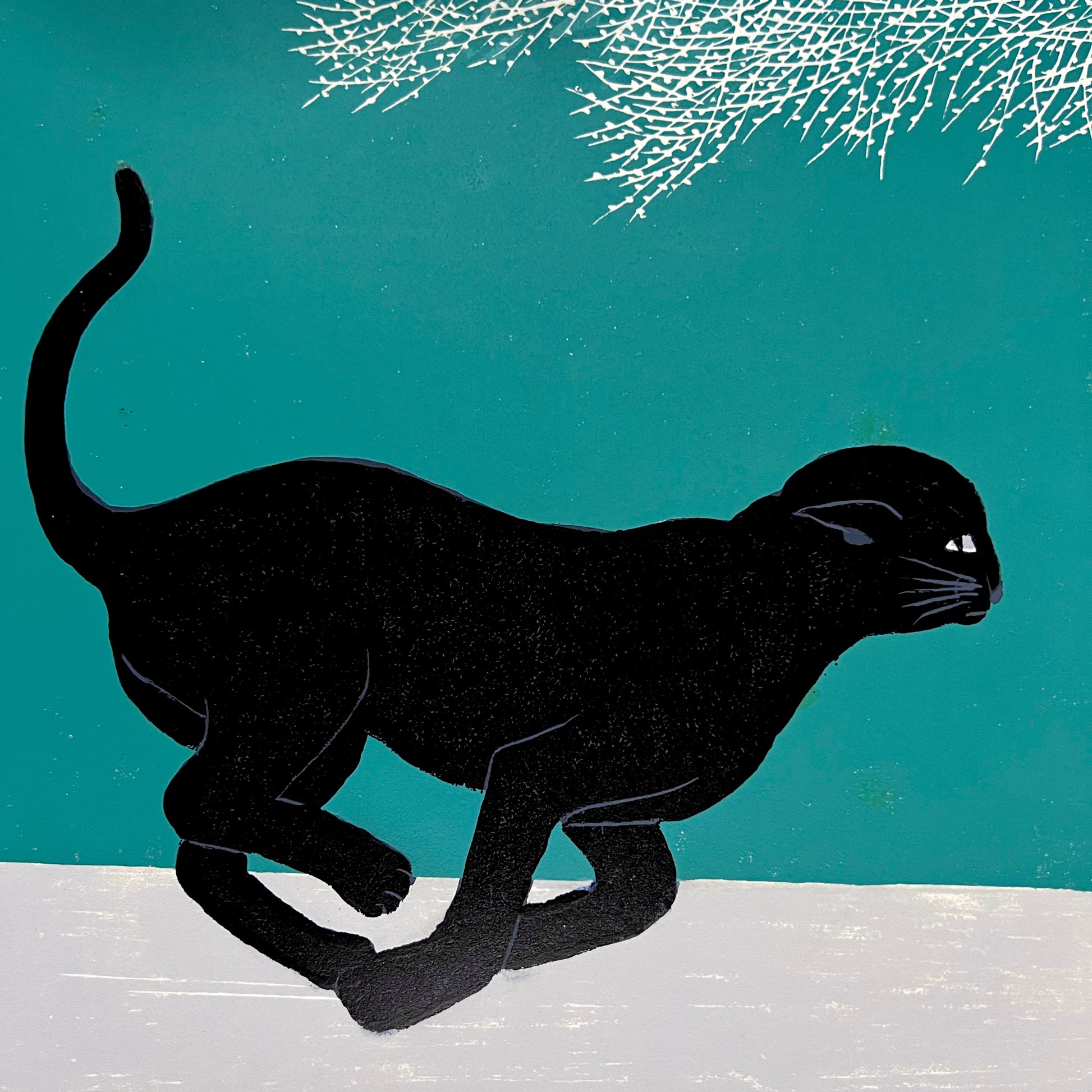 estampe japonaise chat noir courant, fond vert céladon, de Nishida Tadashige, détail