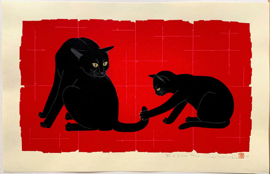 estampe japonaise deux chats noirs jouant de Nishida