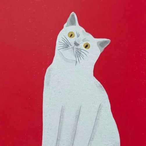estampe japonaise de nishida chat blanc qui pose sur fond rouge japanese print uchiwa gallery