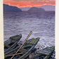 estampe japonaise trois barque a asahi avec un ciel rouge de lever du jour 