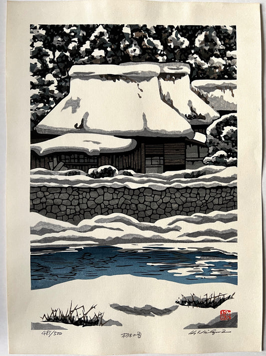 estampe japonaise de nishijima les maisons du village  kutsugi sous la neige