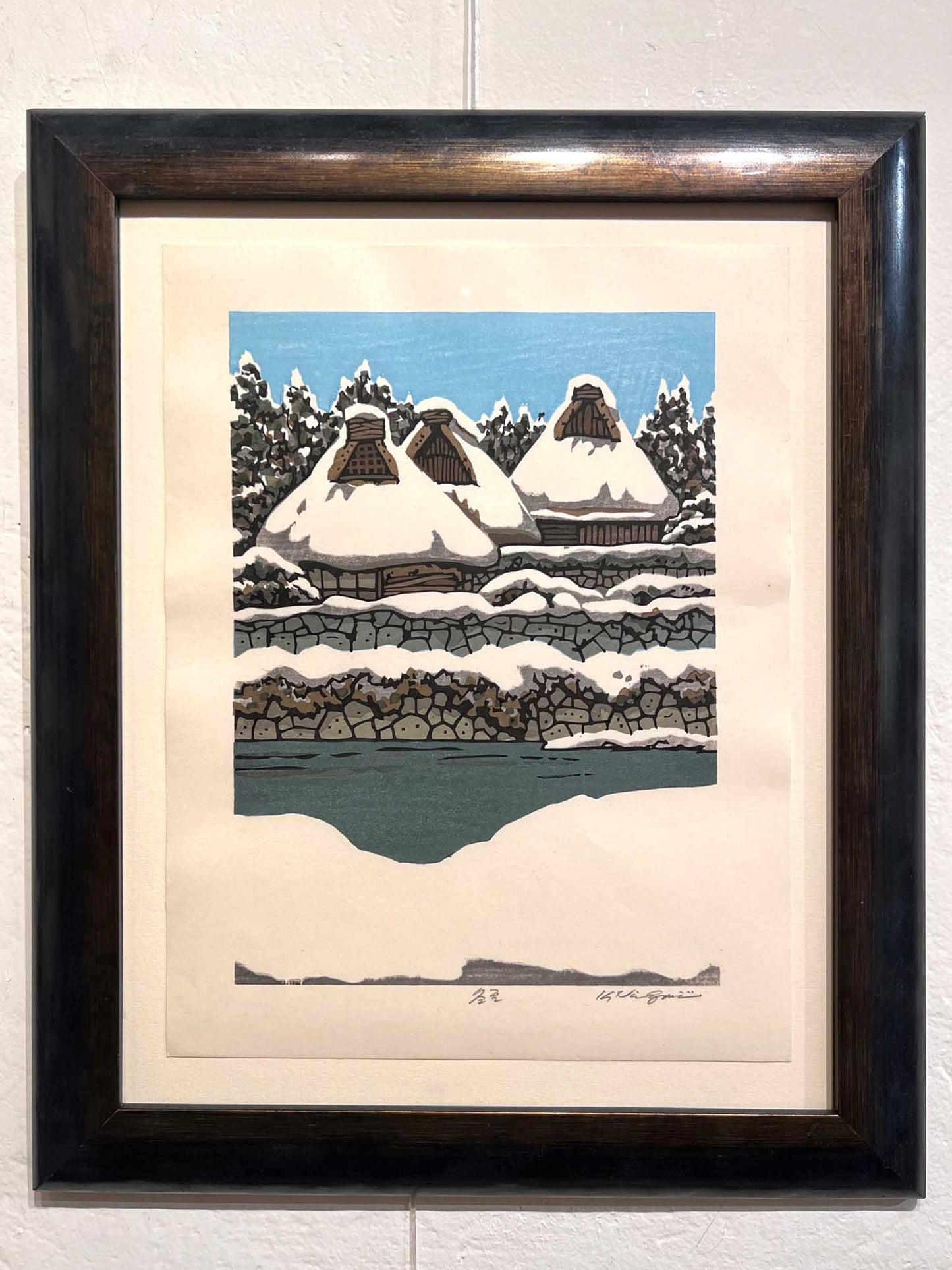 estampe japonaise encadrée paysage de neige avec maison traditionnelle