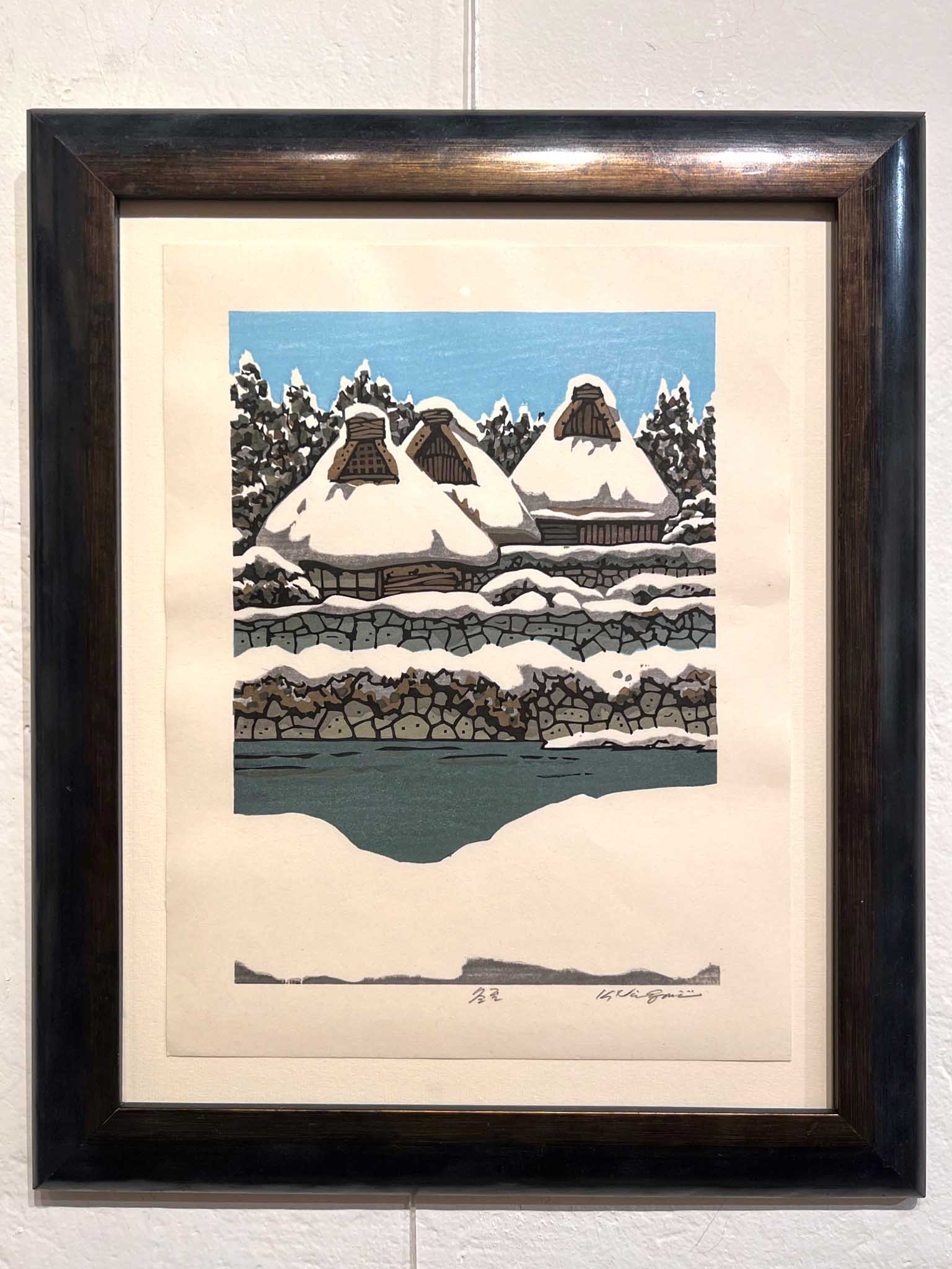 estampe japonaise encadrée paysage de neige avec maison traditionnelle