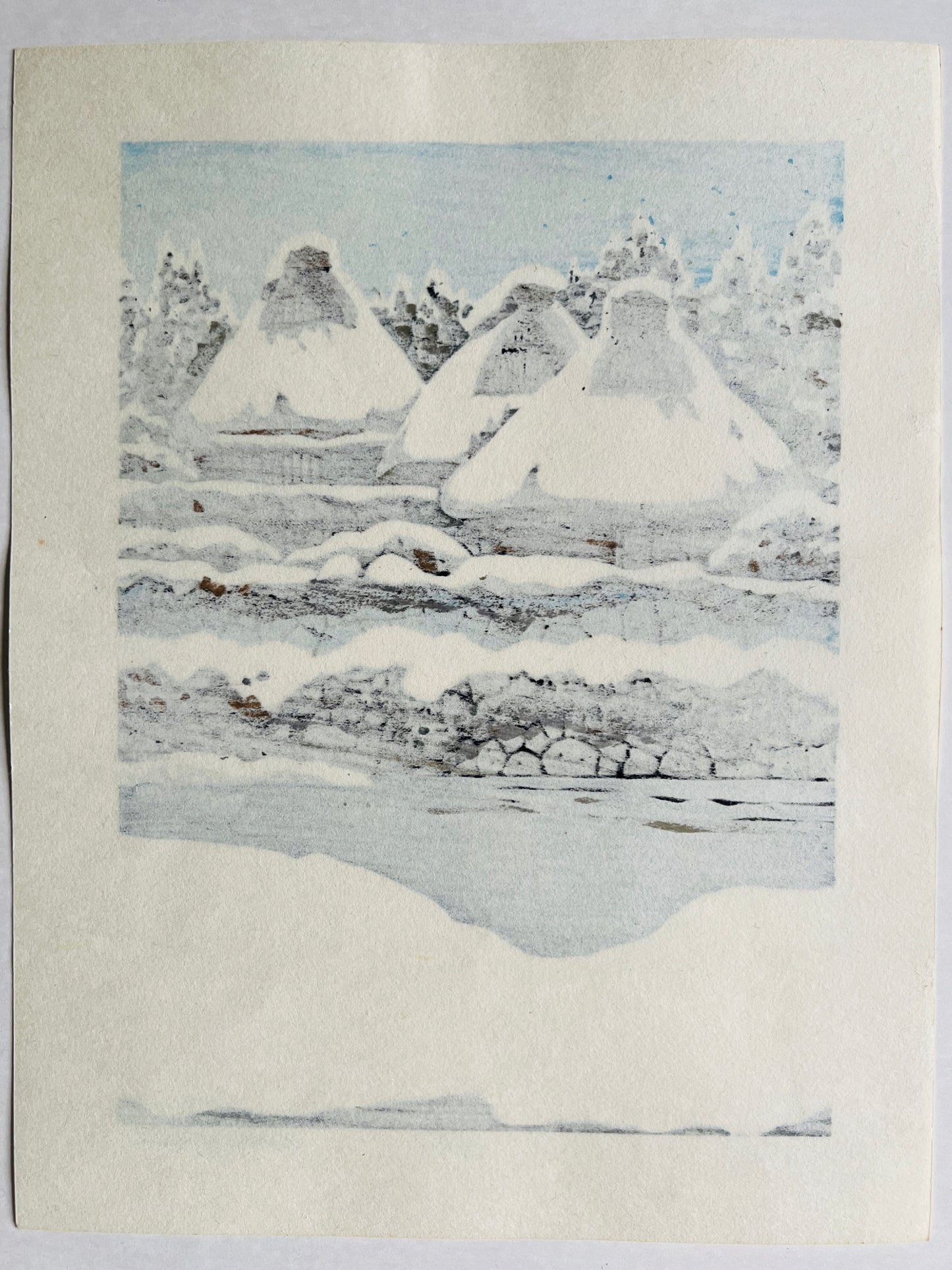 estampe japonaise encadrée paysage de neige avec maison traditionnelle dos de l'estampe