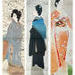 estampe japonaise série de 3 estampes des femmes en long kimono, l'une représentant la fleur, la deuxième la neige, la troisième la lune