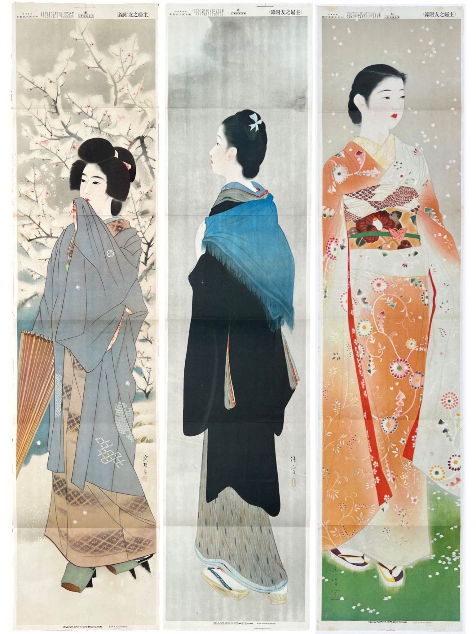 estampe japonaise série de 3 estampes des femmes en long kimono, l'une représentant la fleur, la deuxième la neige, la troisième la lune
