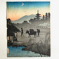 estampe japonaise paysage une nuit de pleine lune un couple de paysan et leur bufle arrive devant leur maison au bord de l'eau, 