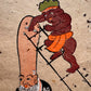 estampe otsu-e de Takahashi Shozan III Sakayaki, un homme monté en haut d'une échelle rase le crâne du dieu du bonheur 