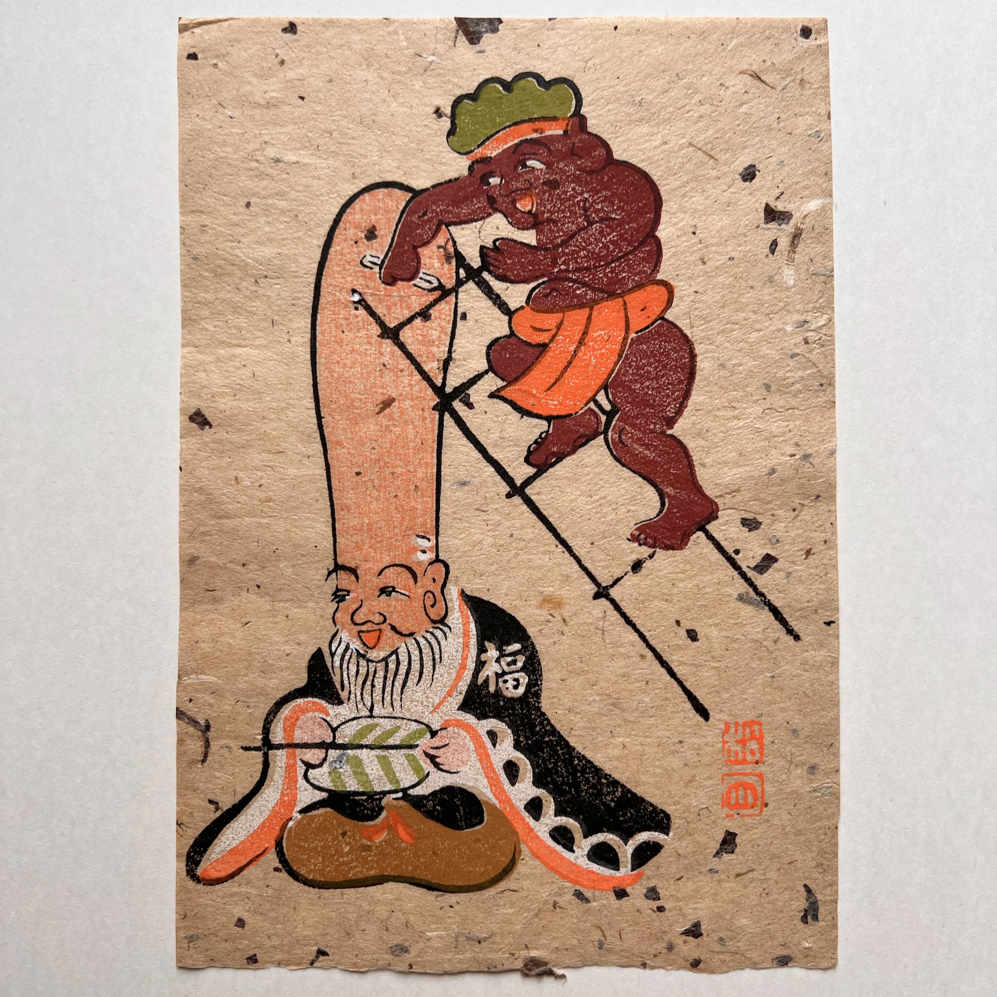 estampe otsu-e de Takahashi Shozan III Sakayaki, un dieu du bonheur avec une très haute tête se fait raser le crâne par un homme monté sur une échelle