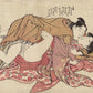 estampe japonaise érotique de Shuncho, un homme sur une femme qui s'embrasse, poème en japonais au dessus de chaque