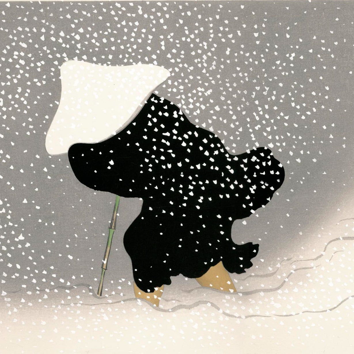estampe japonaise kamisaka sekka tourbillon neige Un moine habillé d’un manteau noir et d’un couvre-chef blanc, s’aidant d’une canne de bambou, traverse une tempête de neige