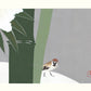 moineau au sol apparaissant derriere un pied de bambou vert estampe japonaise de Kamisaka Sekka chez Uchiwa Gallery