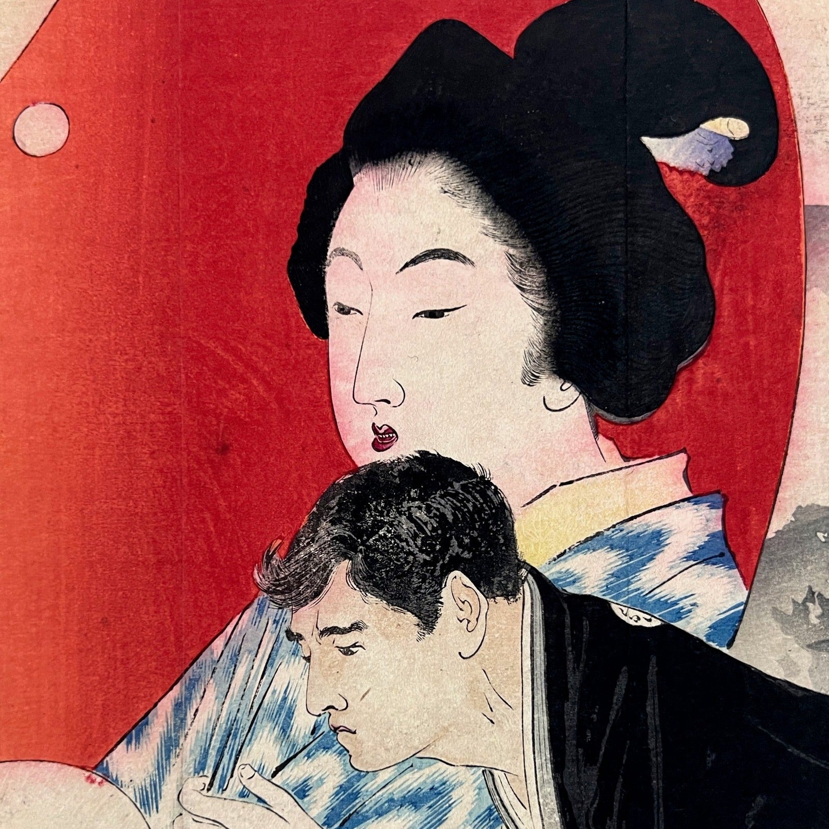estampe kuchi-e de Takeuchi Keishu Kannon en robe blanche, un homme écrit une lettre, une courtisane sur cartouche rouge derrière lui