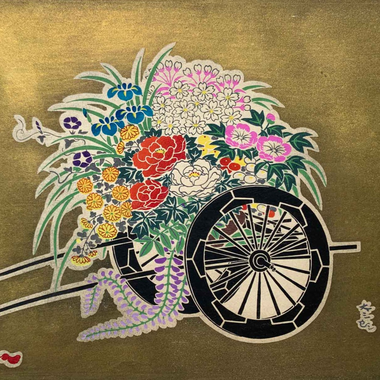 estampe japonaise shin hanga de tasaburo takahashi chariot de fleur printemps , gros plan sur les fleurs