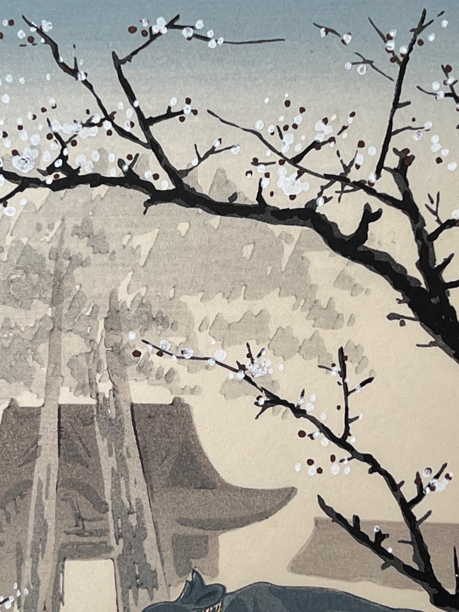 Estampe Japonaise de Tokuriki Tomikichiro | Série des 12 mois à Kyoto, mars, kitano, prunier en fleur