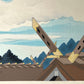 estampe japonaise temple Miyazaki les toits sous un ciel bleu nuage, gros plan sur les toits, sceau de l'éditeur en marge