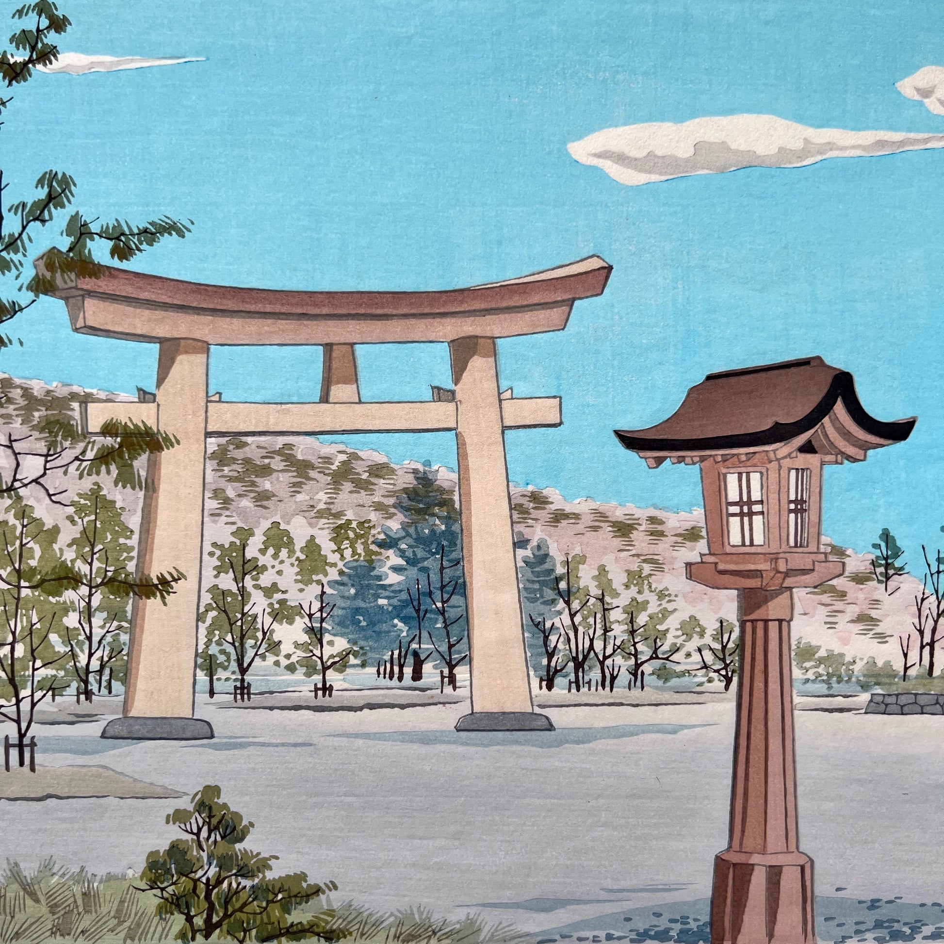 estampe japonaise le tori du temple fukuhara à Yamato, la lanterne en premier plan