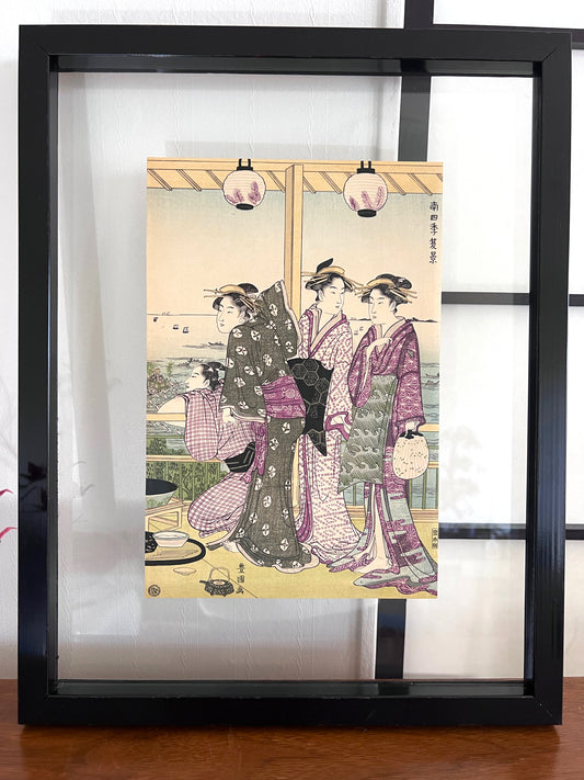 Estampe Japonaise Encadrée de Toyokuni I Utagawa | Courtisanes admirant le paysage en été