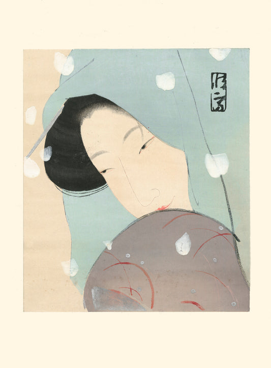 estampe japonaise un portrait de femme sous sa capuche , des  gros flocons de neige tombent