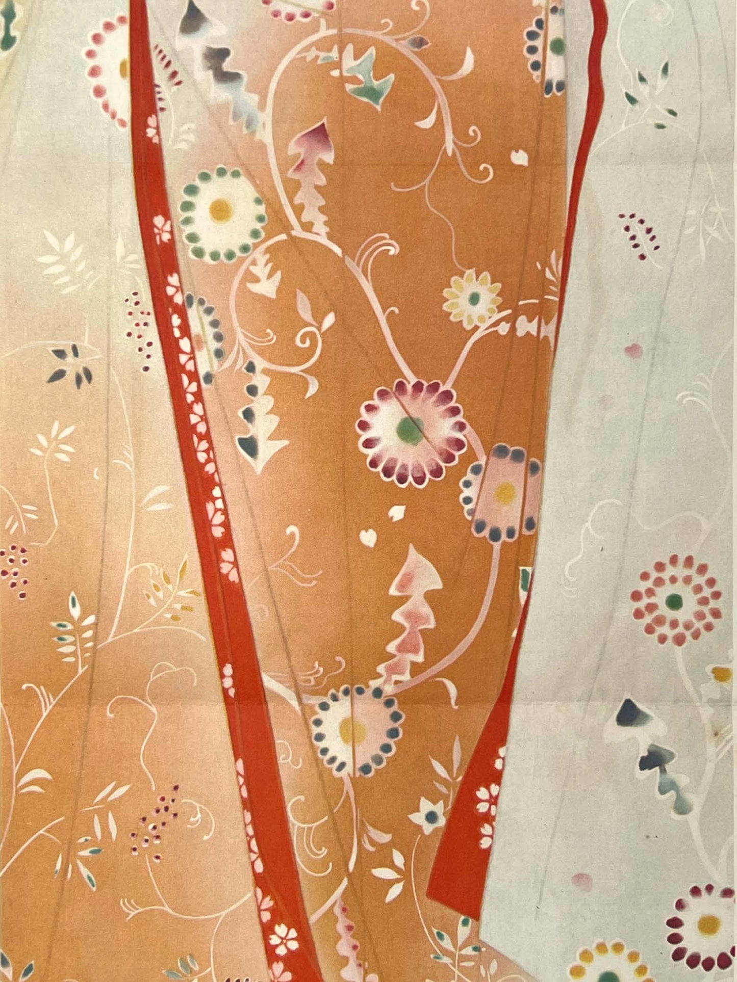 estampe japonaise femme en long kimono orange à motif de fleur, détail du kimono