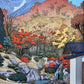 estampe japonaise de yoshida toshi  jardin à l'automne à Hakone, gros plan sue les arbres aux couleurs d'automne