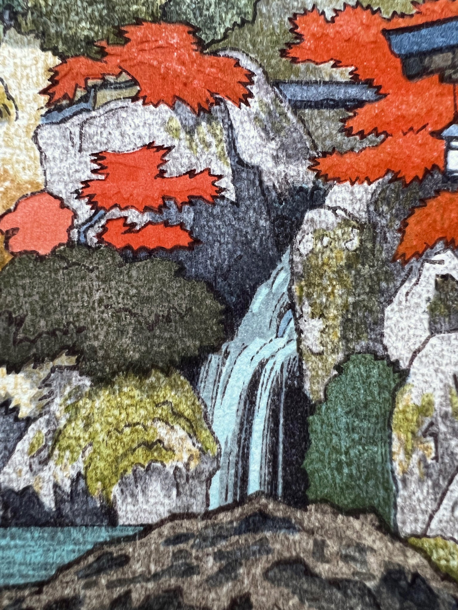 estampe japonaise de yoshida toshi  jardin à l'automne à Hakone, gros plan sur la cascade