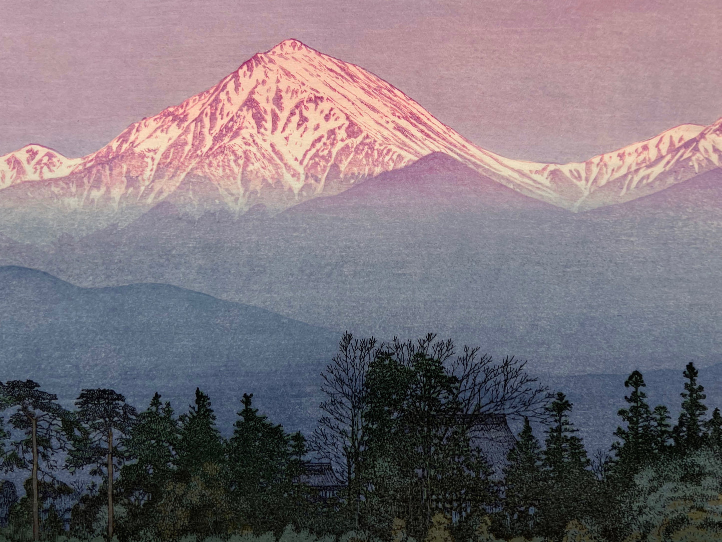 estampe japonaise vue montagne lumiere printemps rose, détail montagne
