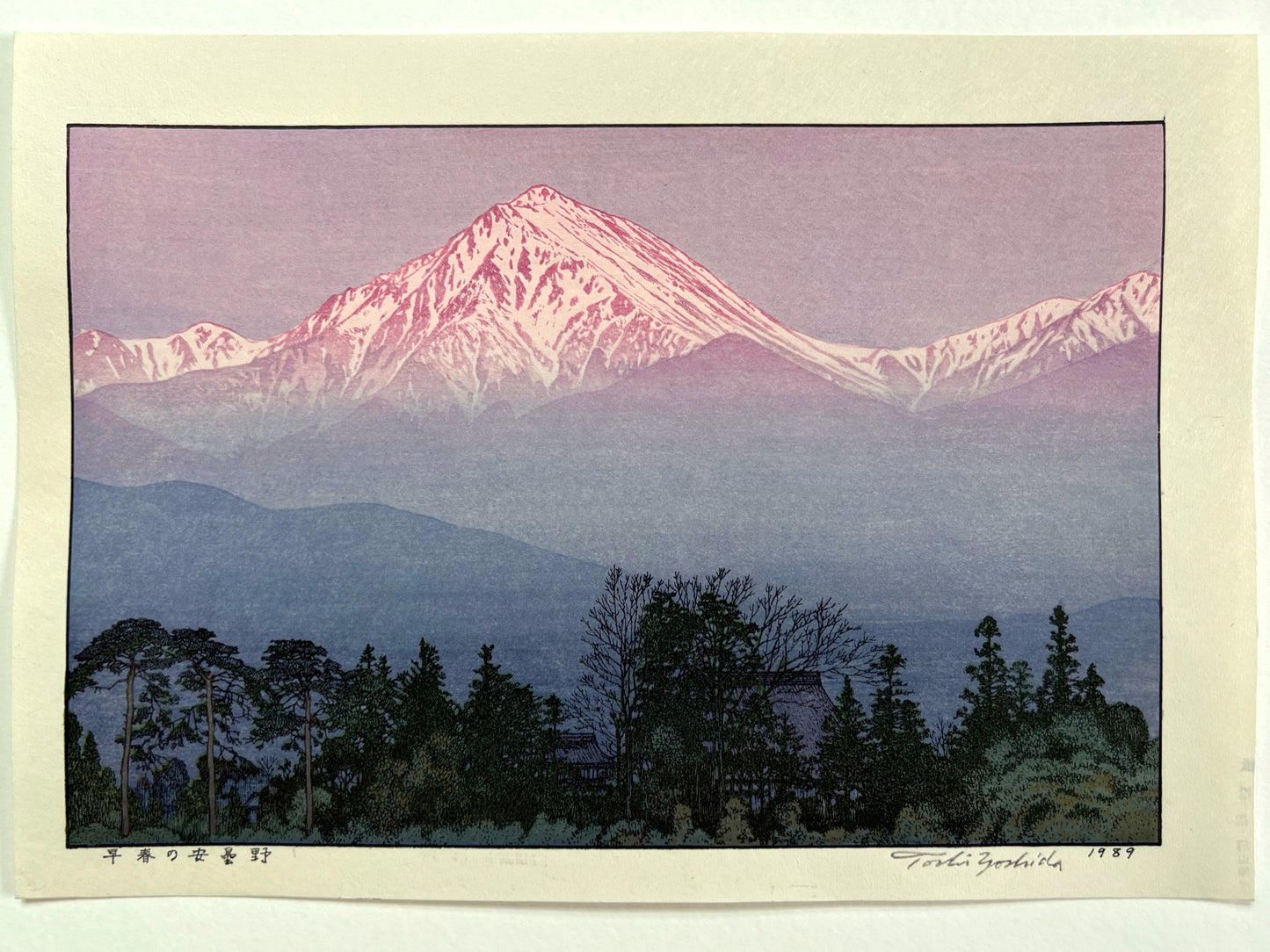 estampe japonaise vue montagne lumiere printemps rose